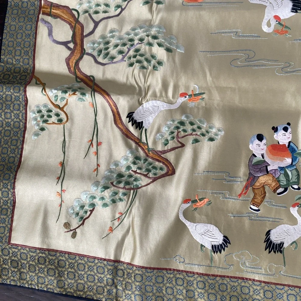 Vtg. Beijing Chinese Hand Embroidery Silk Floral Bird Tapestry Wall Art 43x25